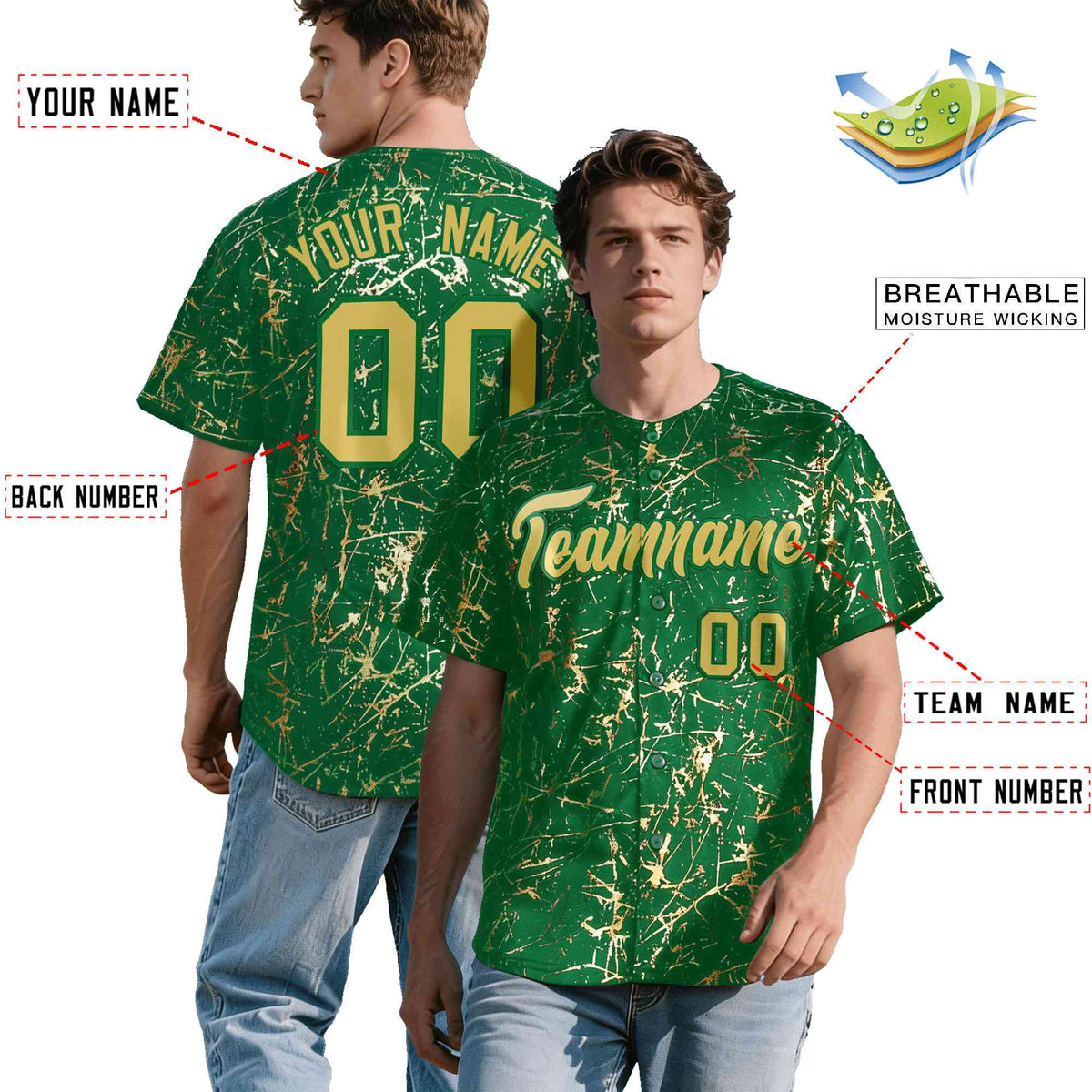 Custom Kelly Green Old Gold Black&amp;Shiny Gold Cracked Foil Hip Hop Button Down Baseball Jersey