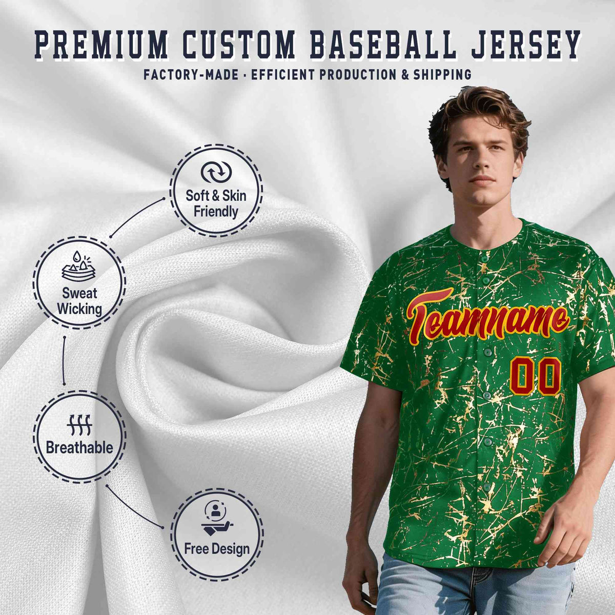 Custom Kelly Green Red Metallic Gold Splatter Breathable&amp;Wrinkle-Resistant Baseball Jersey