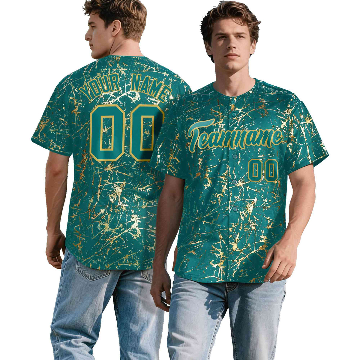 Custom Teal Old Gold Shiny Gold Cracked Texture Baseball Jersey