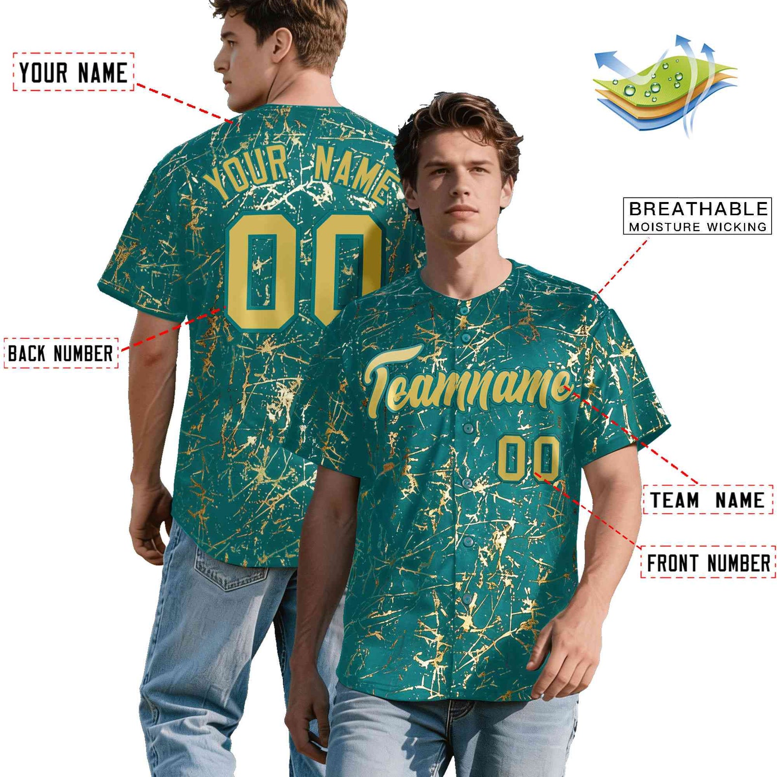 Custom Teal Old Gold Black&Shiny Gold Cracked Foil Hip Hop Button Down Baseball Jersey