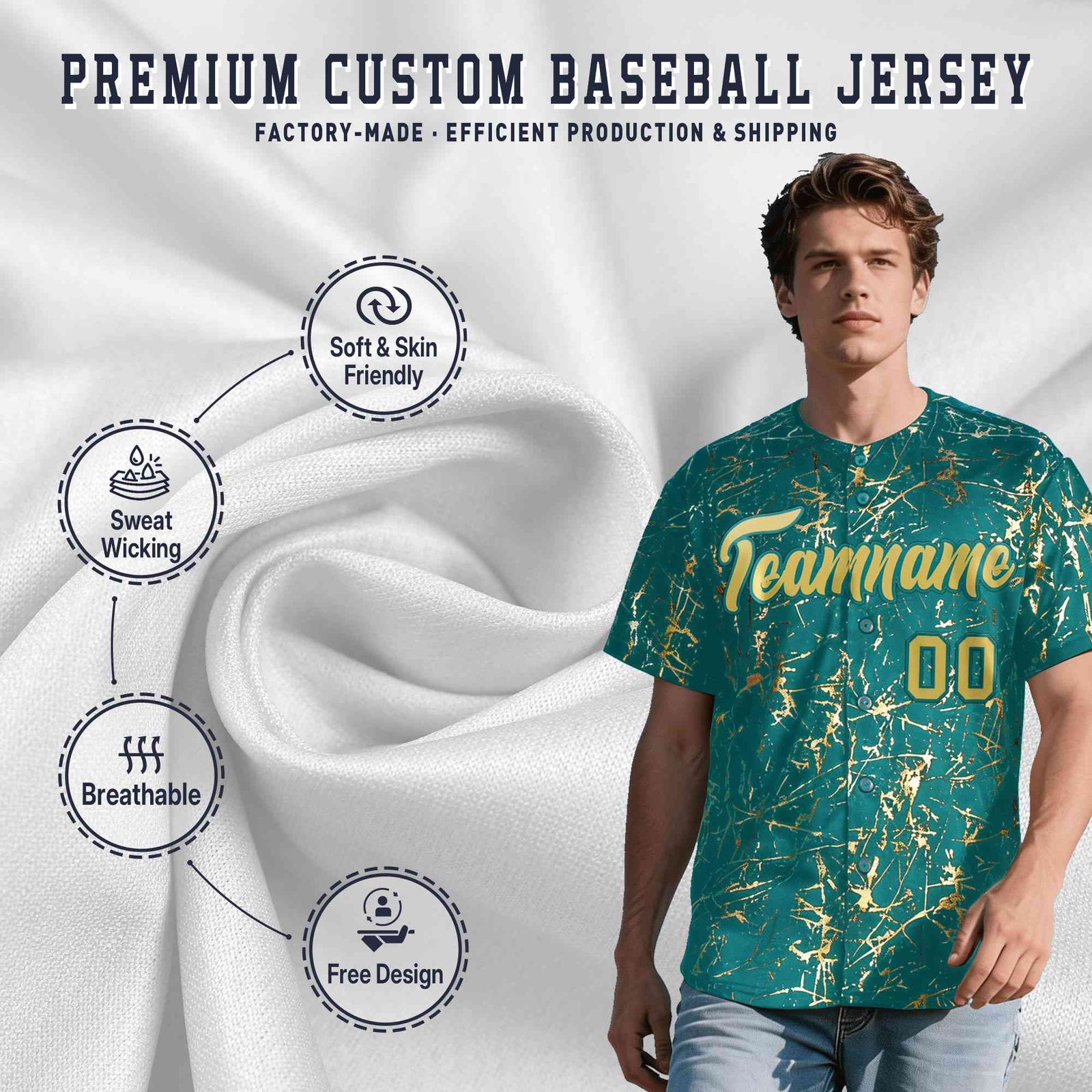 Custom Teal Old Gold Black&Shiny Gold Cracked Foil Hip Hop Button Down Baseball Jersey