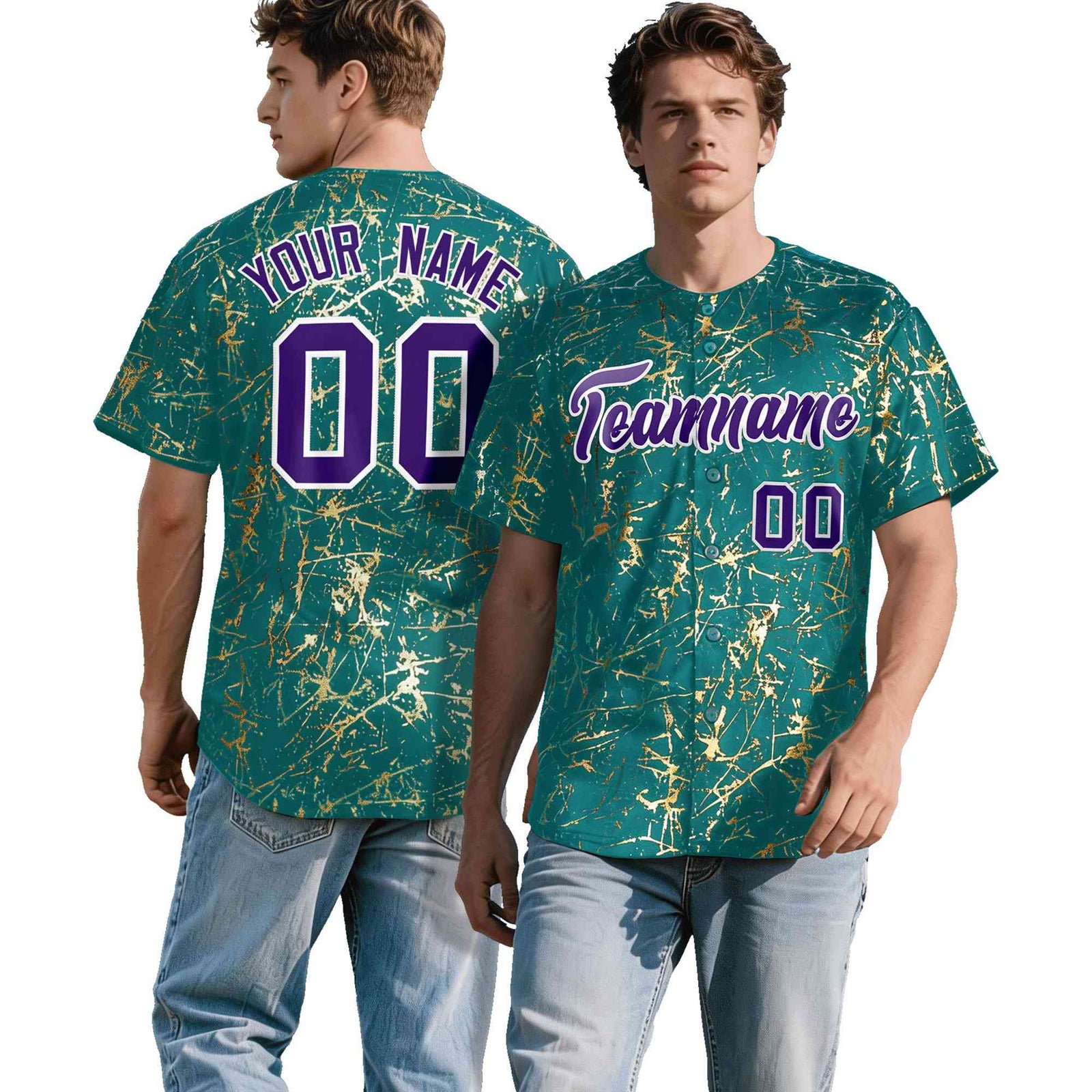 Custom Teal Purple Metallic Gold Splatter Urban Streetwear Baseball Jersey