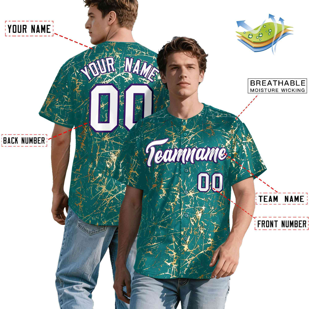 Custom Teal White Black&amp;Shiny Gold Cracked Foil Breathable Mesh Streetwear Baseball Jersey