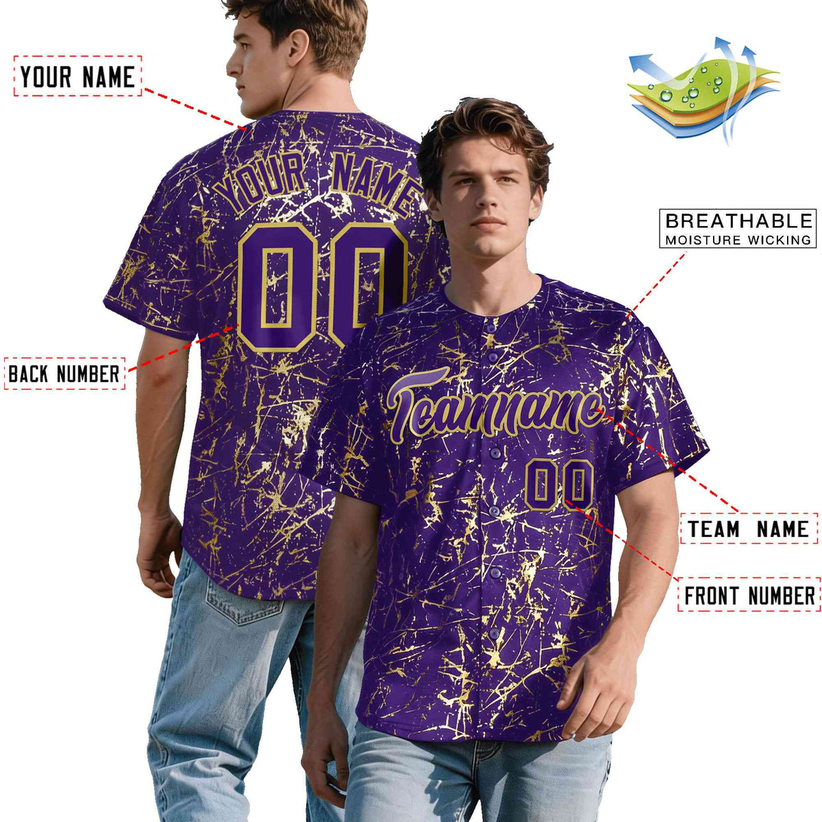 Custom Purple Old Gold Shiny Gold Cracked Texture Baseball Jersey