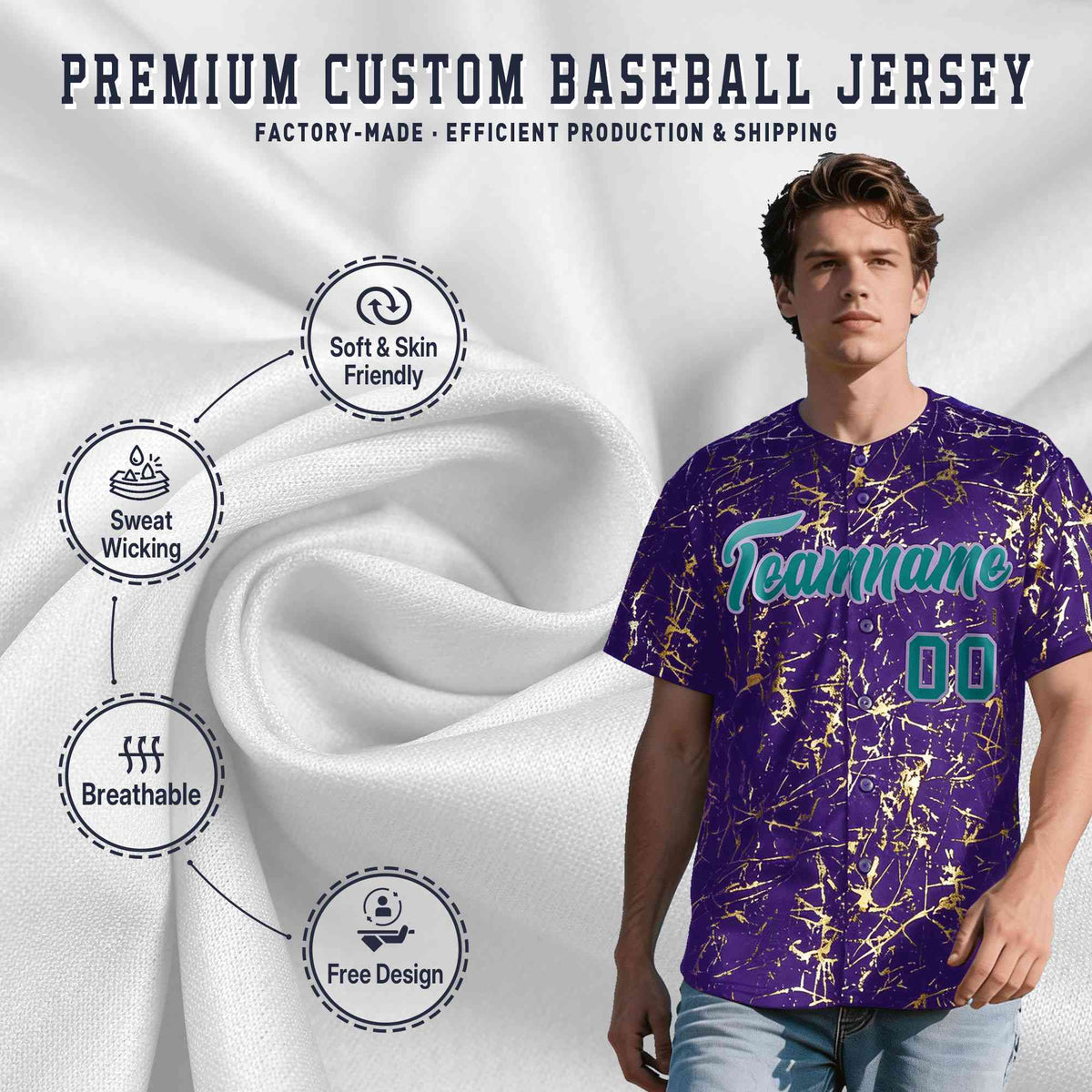 Custom Purple Teal Black&amp;Gold Marble Print Clubwear Party Streetwear Baseball Jersey