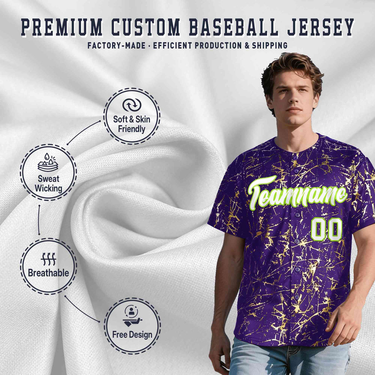 Custom Purple White Black&amp;Shiny Gold Cracked Foil Breathable Mesh Streetwear Baseball Jersey