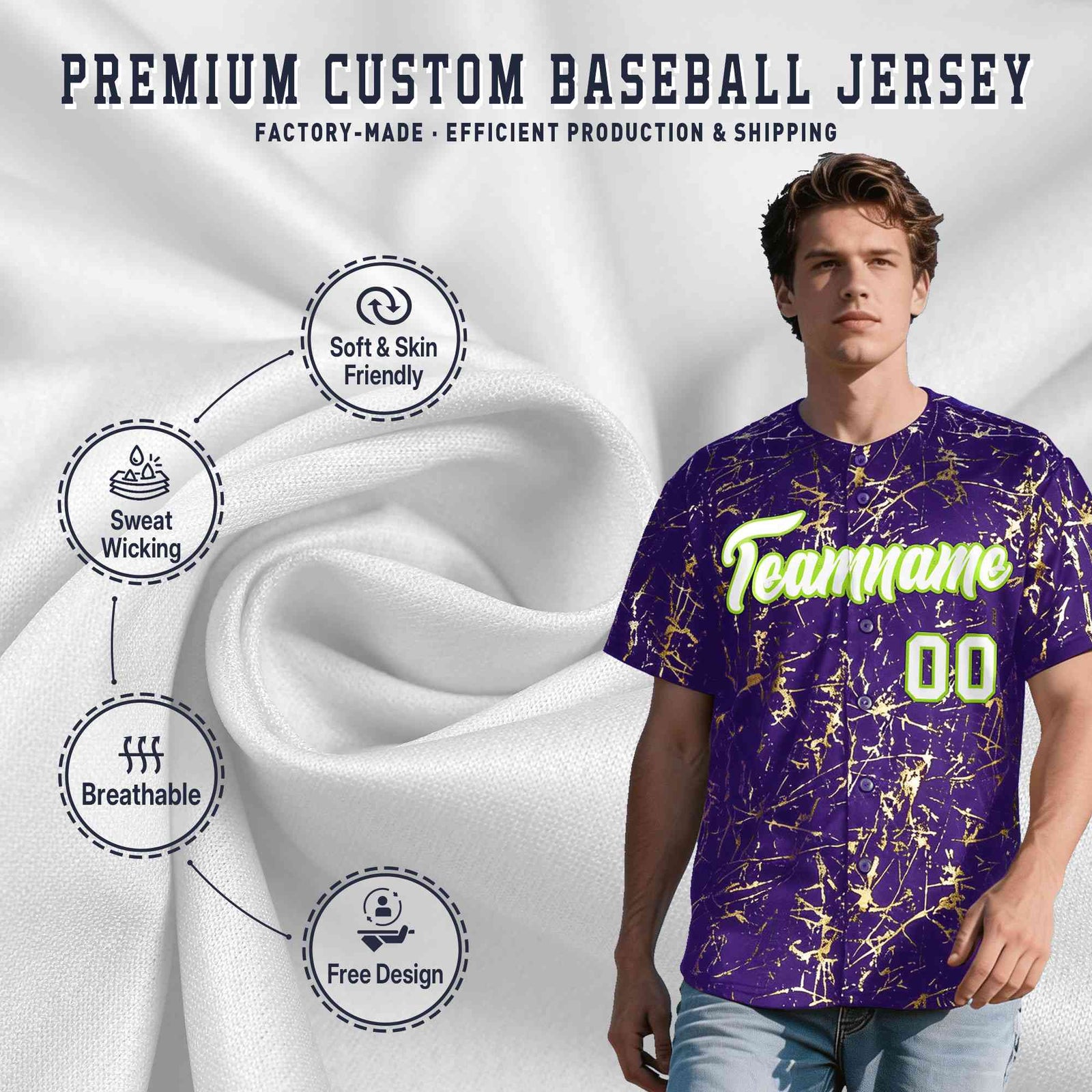 Custom Purple White Black&Shiny Gold Cracked Foil Breathable Mesh Streetwear Baseball Jersey