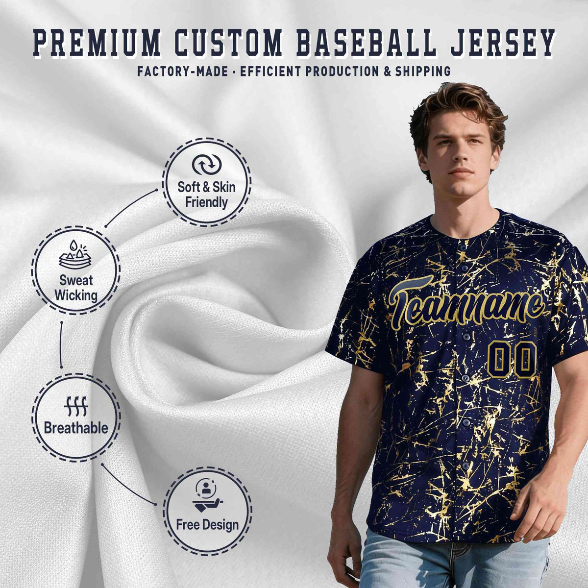 Custom Navy Old Gold Shiny Gold Cracked Texture Baseball Jersey