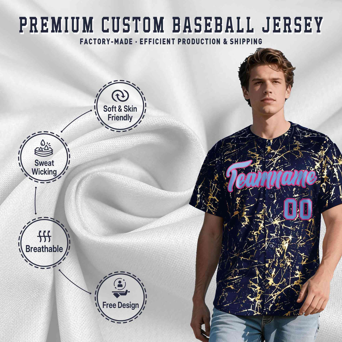 Custom Navy Powder Blue Black&amp;Gold Marble Print Clubwear Party Streetwear Baseball Jersey