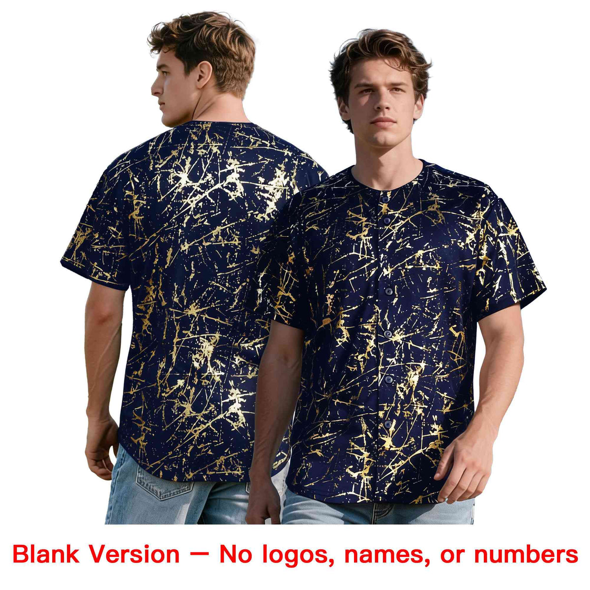 Custom Navy Yellow Metallic Gold Splatter Urban Streetwear Baseball Jersey