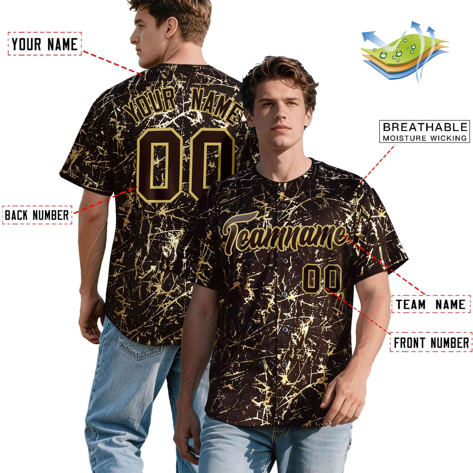 Custom Brown Old Gold Shiny Gold Cracked Texture Baseball Jersey