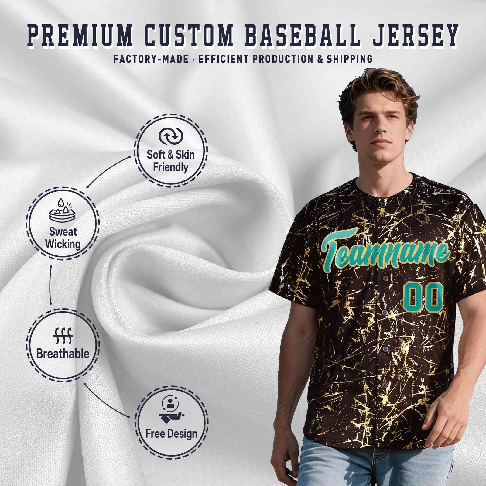 Custom Brown Aqua Metallic Gold Splatter Breathable&Wrinkle-Resistant Baseball Jersey