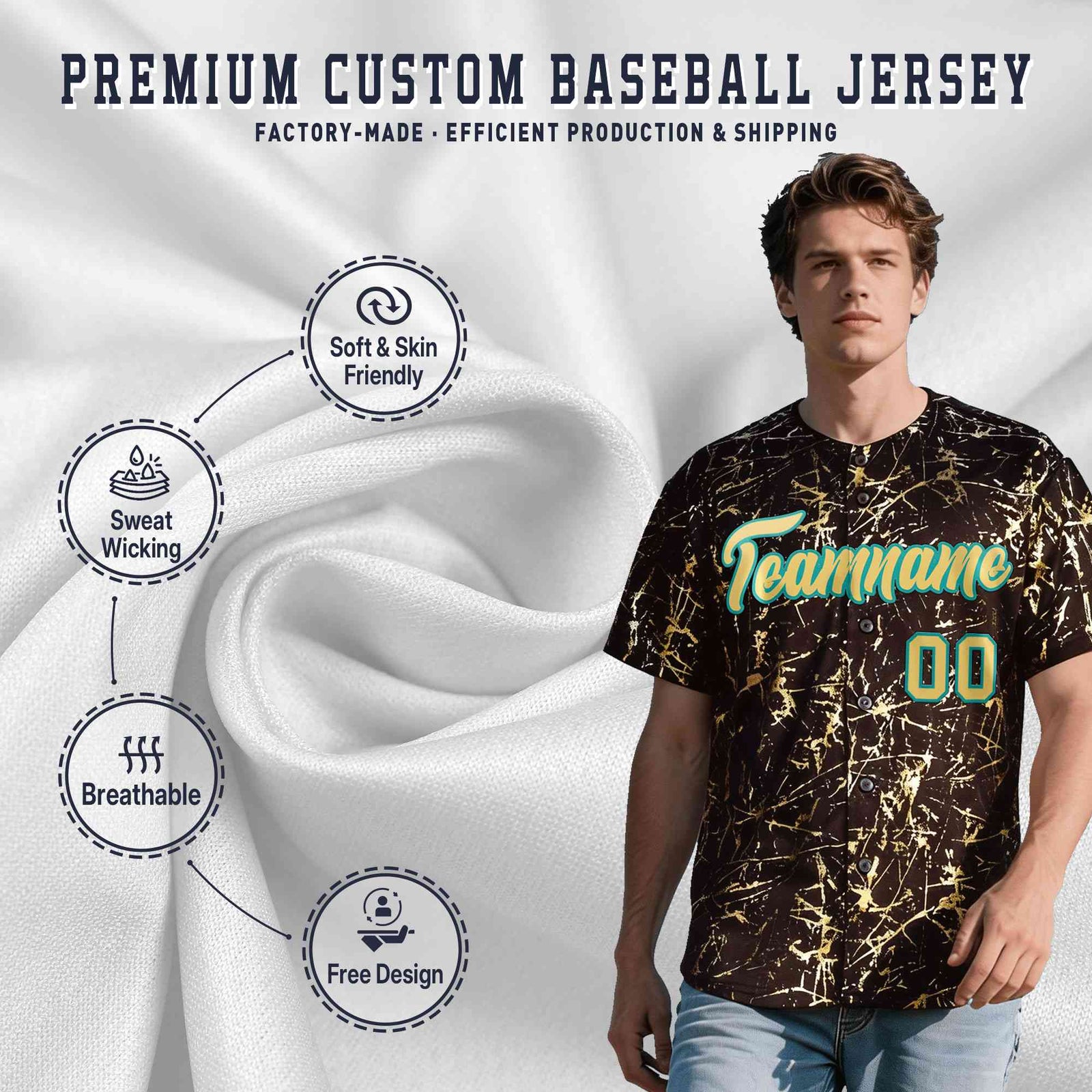 Custom Brown Khaki Black&Gold Marble Print Clubwear Party Streetwear Baseball Jersey