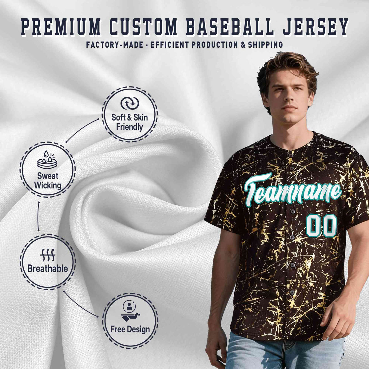 Custom Brown White Black&amp;Shiny Gold Cracked Foil Breathable Mesh Streetwear Baseball Jersey