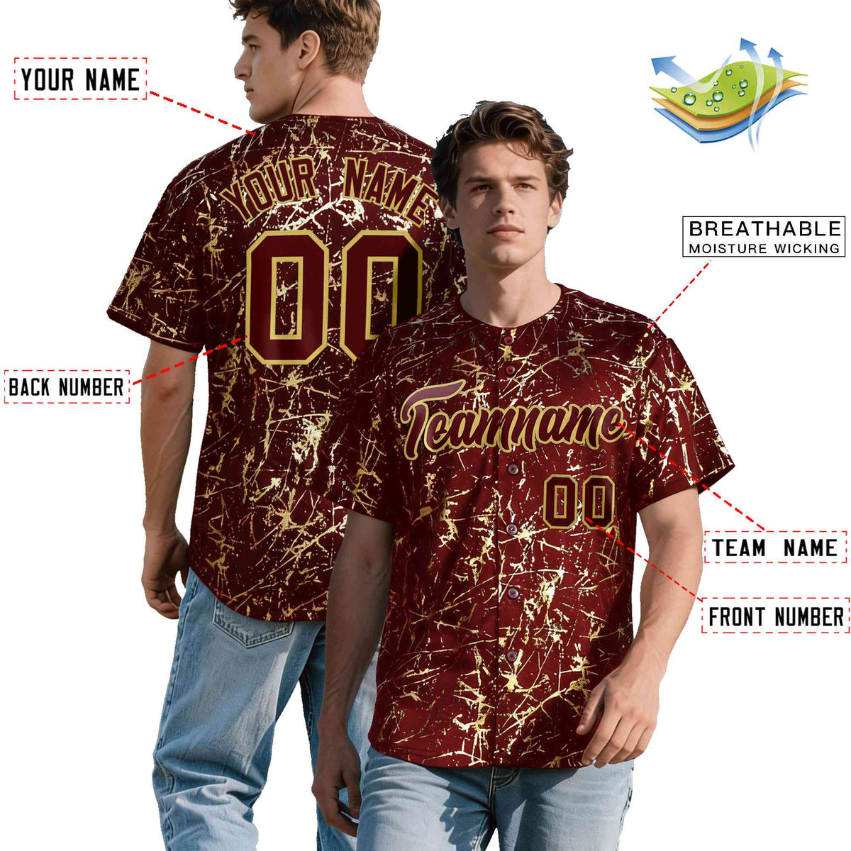 Custom Crimson Burgundy Shiny Gold Cracked Texture Baseball Jersey