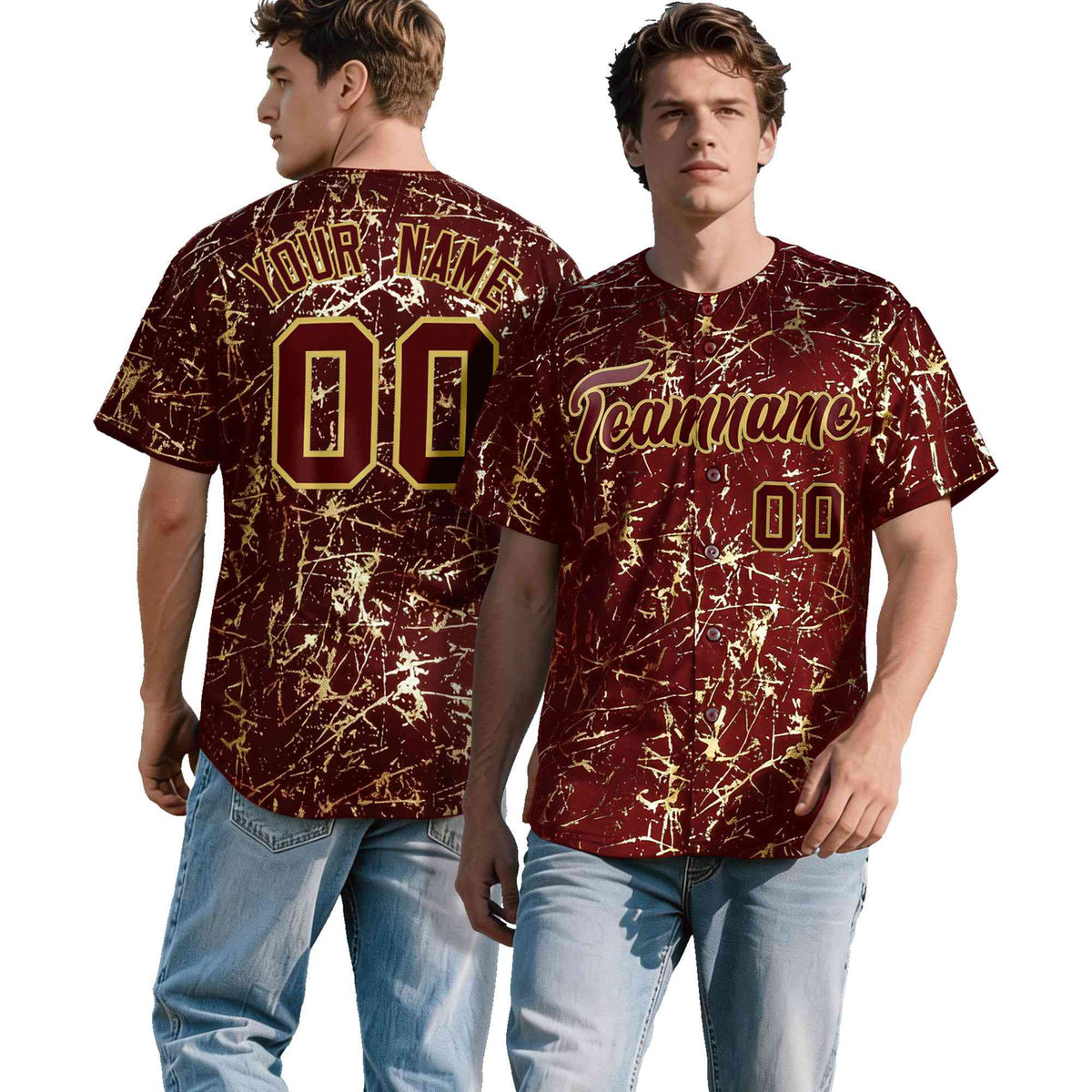 Custom Crimson Burgundy Shiny Gold Cracked Texture Baseball Jersey