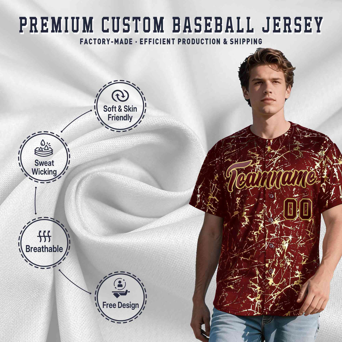 Custom Crimson Burgundy Shiny Gold Cracked Texture Baseball Jersey