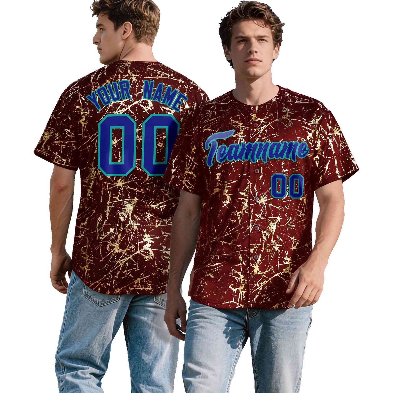 Custom Crimson Royal Metallic Gold Splatter Breathable&Wrinkle-Resistant Baseball Jersey