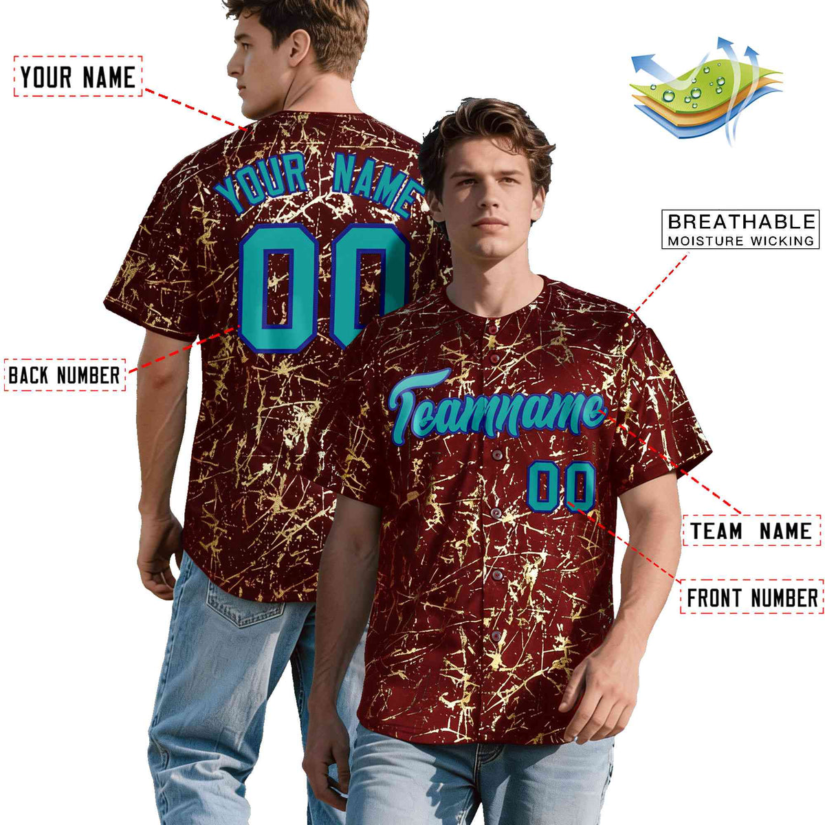 Custom Crimson Aqua Black&amp;Gold Marble Print Clubwear Party Streetwear Baseball Jersey