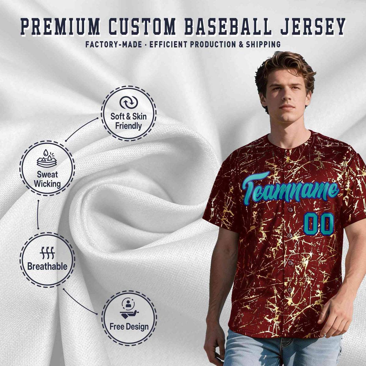 Custom Crimson Aqua Black&amp;Gold Marble Print Clubwear Party Streetwear Baseball Jersey