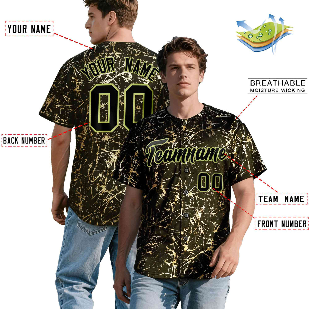 Custom Olive Black Metallic Gold Splatter Breathable&amp;Wrinkle-Resistant Baseball Jersey