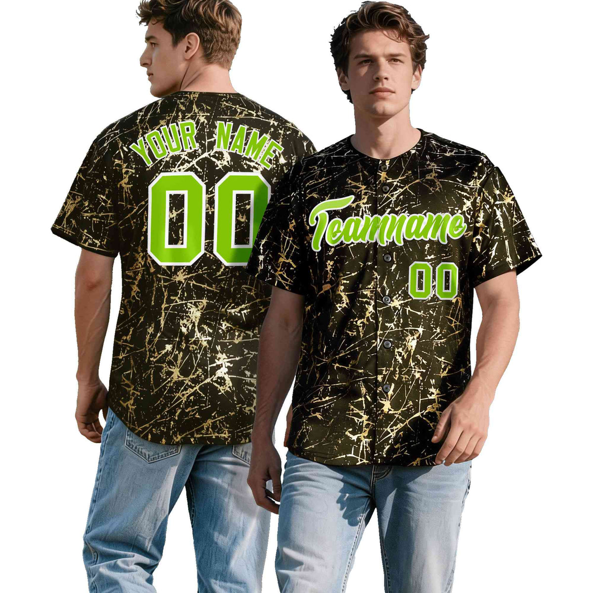 Custom Olive Neon Green Metallic Gold Splatter Urban Streetwear Baseball Jersey
