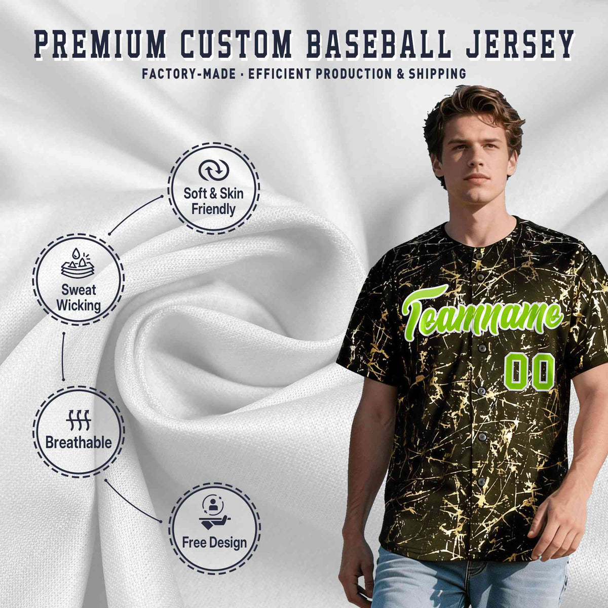 Custom Olive Neon Green Metallic Gold Splatter Urban Streetwear Baseball Jersey