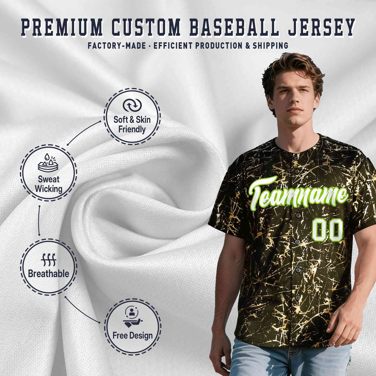 Custom Olive White Black&amp;Shiny Gold Cracked Foil Breathable Mesh Streetwear Baseball Jersey