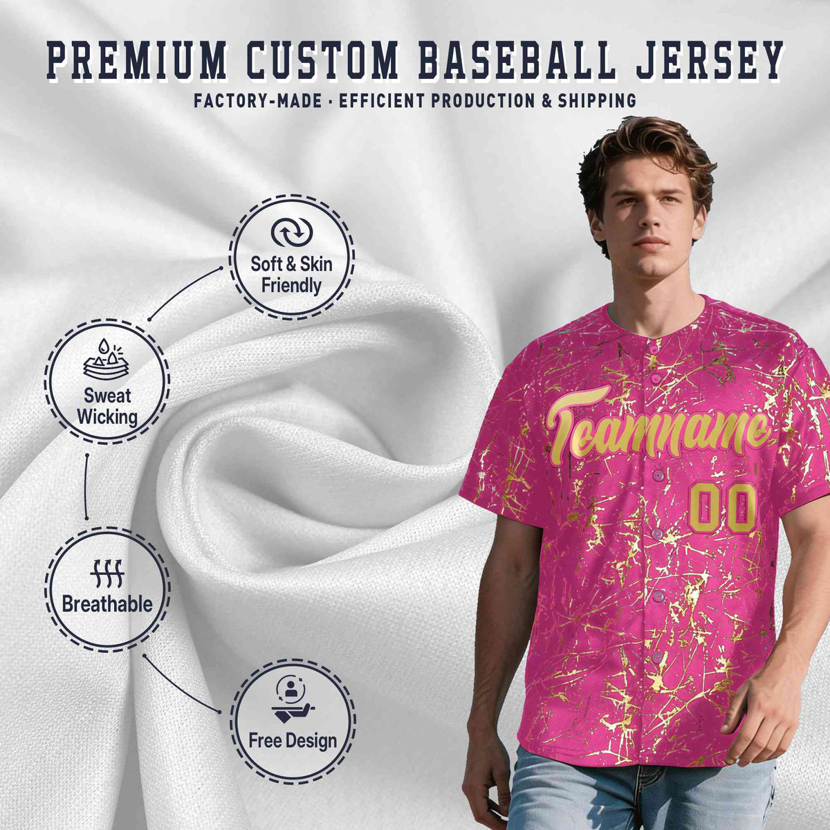 Custom Pink Old Gold Black&amp;Shiny Gold Cracked Foil Hip Hop Button Down Baseball Jersey