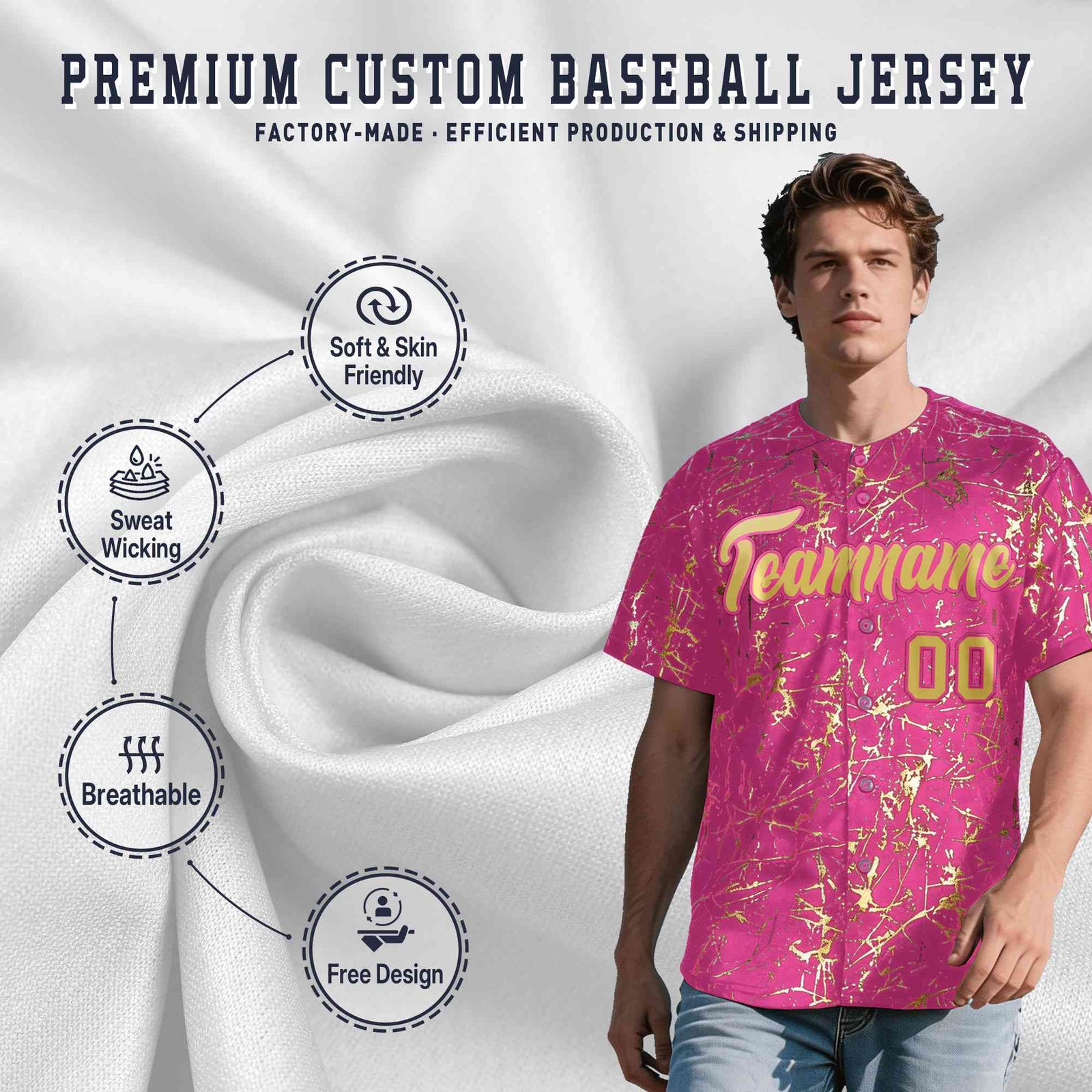 Custom Pink Old Gold Black&Shiny Gold Cracked Foil Hip Hop Button Down Baseball Jersey