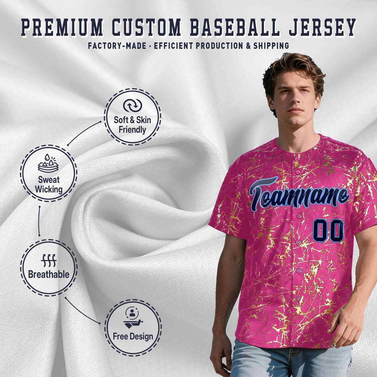 Custom Pink Navy Metallic Gold Splatter Breathable&amp;Wrinkle-Resistant Baseball Jersey