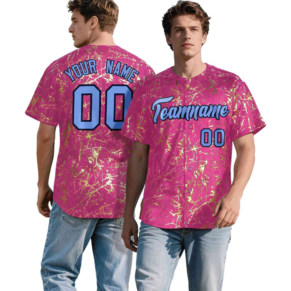 Custom Pink Light Blue Black&amp;Gold Marble Print Clubwear Party Streetwear Baseball Jersey