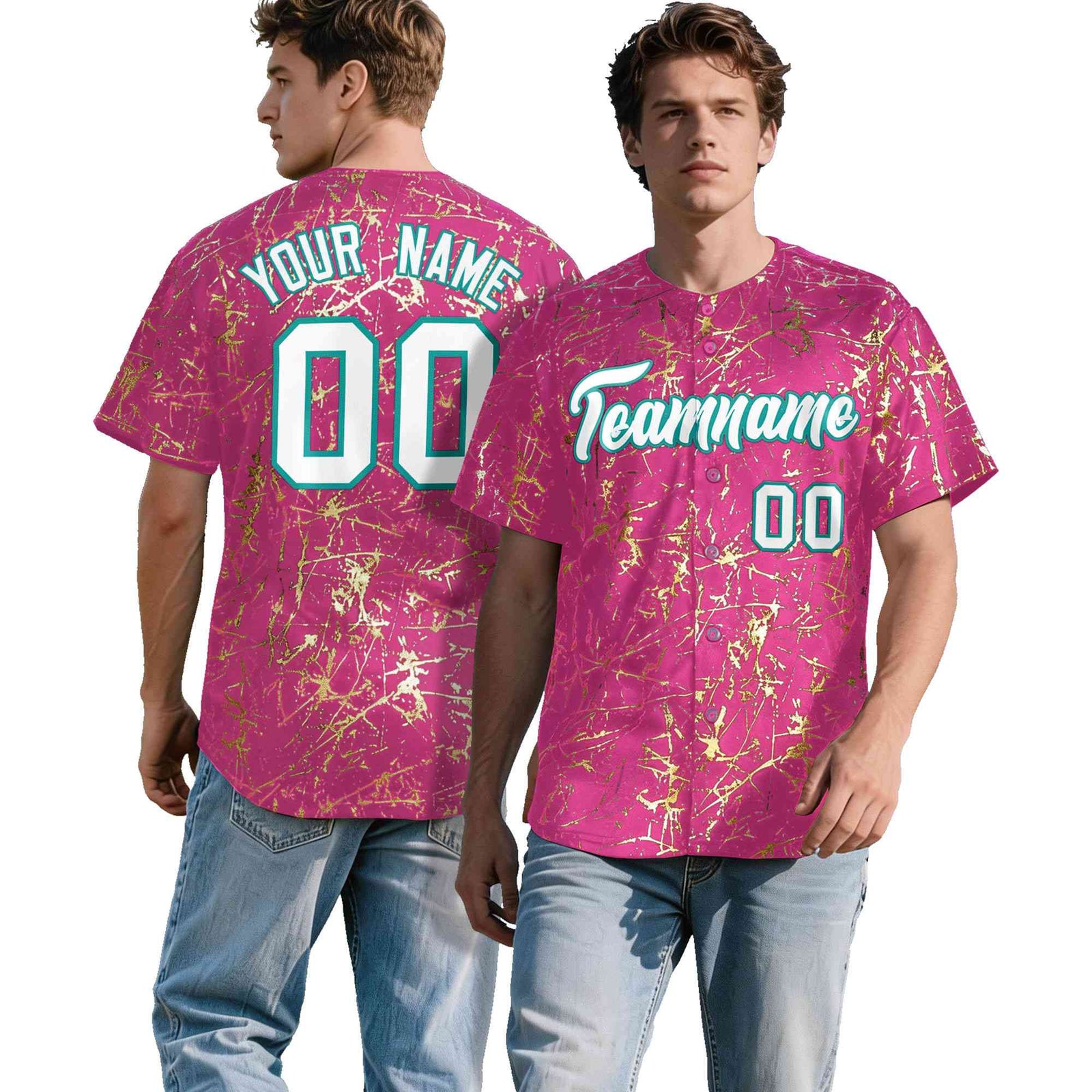 Custom Pink White Black&Shiny Gold Cracked Foil Breathable Mesh Streetwear Baseball Jersey
