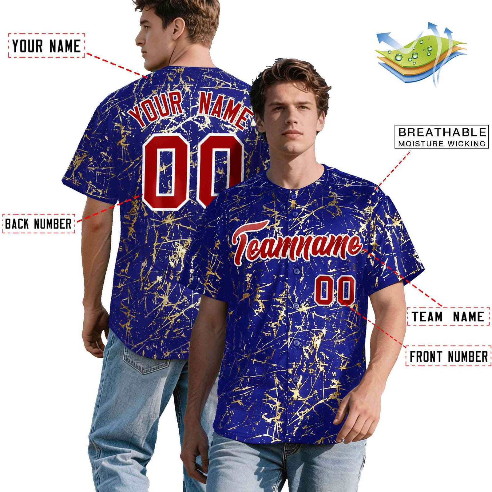 Custom Royal Red Metallic Gold Splatter Breathable&Wrinkle-Resistant Baseball Jersey