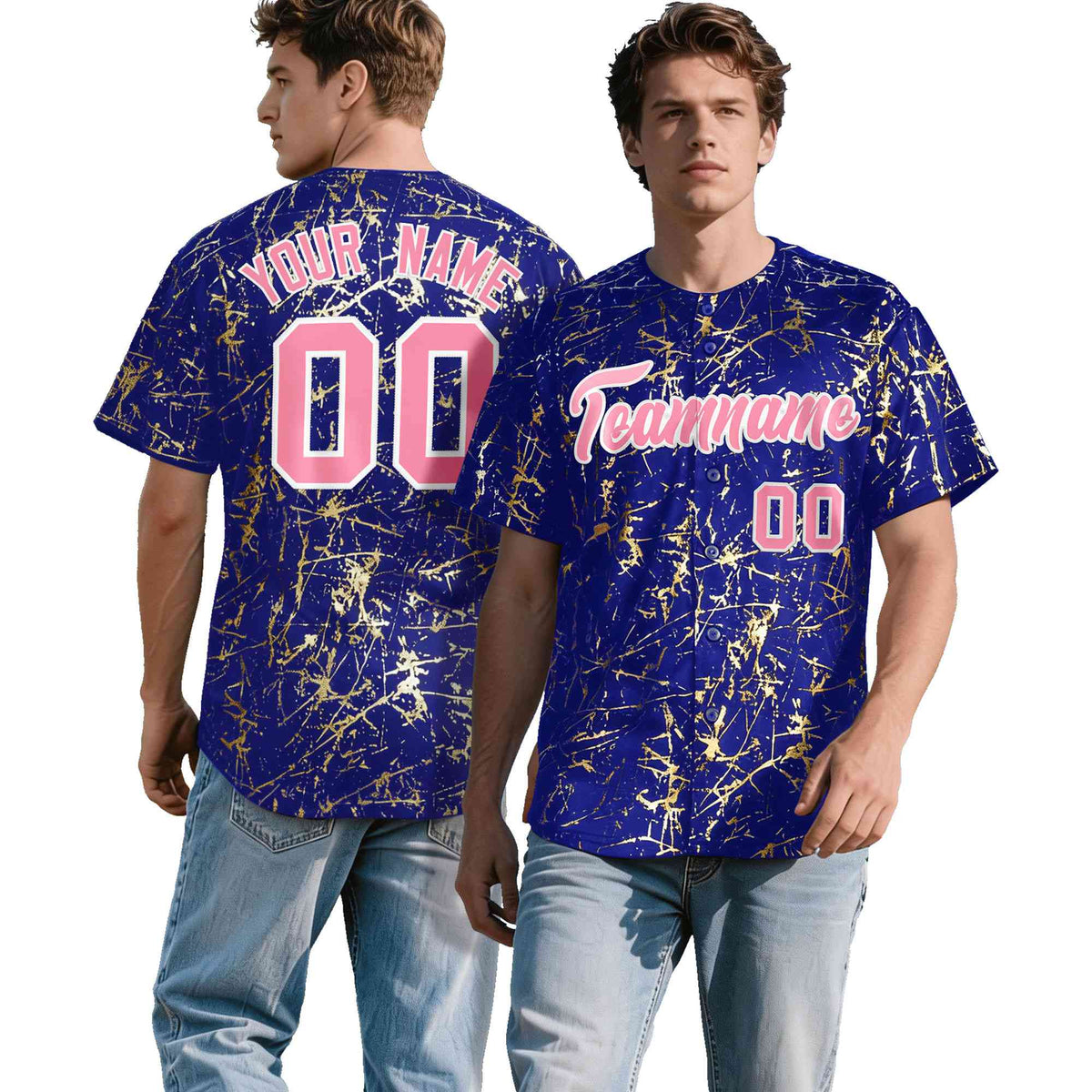 Custom Royal Light Pink Metallic Gold Splatter Urban Streetwear Baseball Jersey