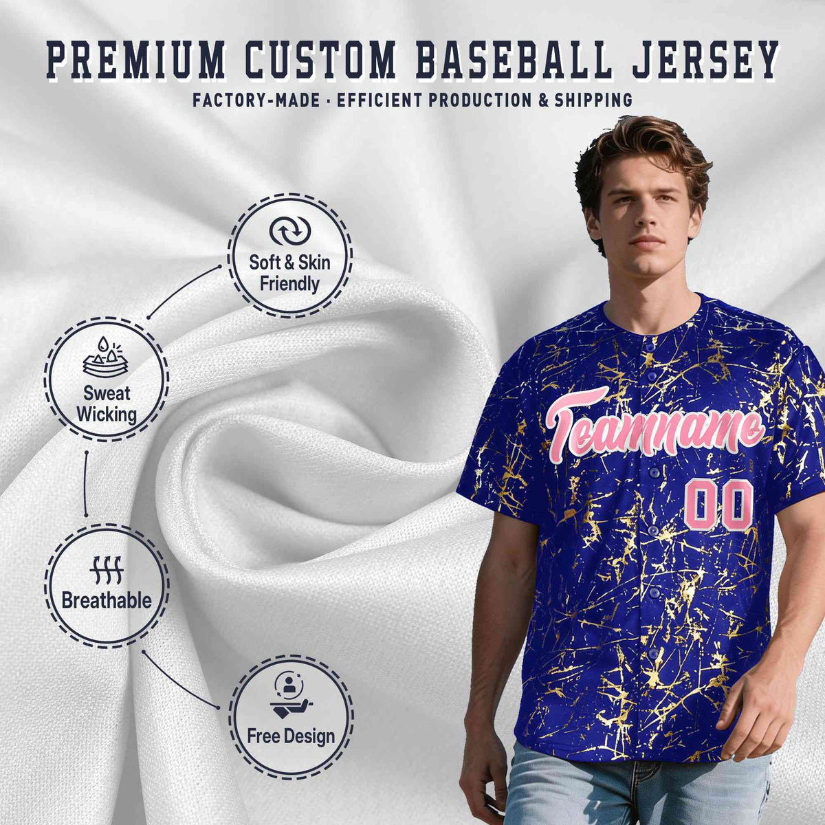 Custom Royal Light Pink Metallic Gold Splatter Urban Streetwear Baseball Jersey