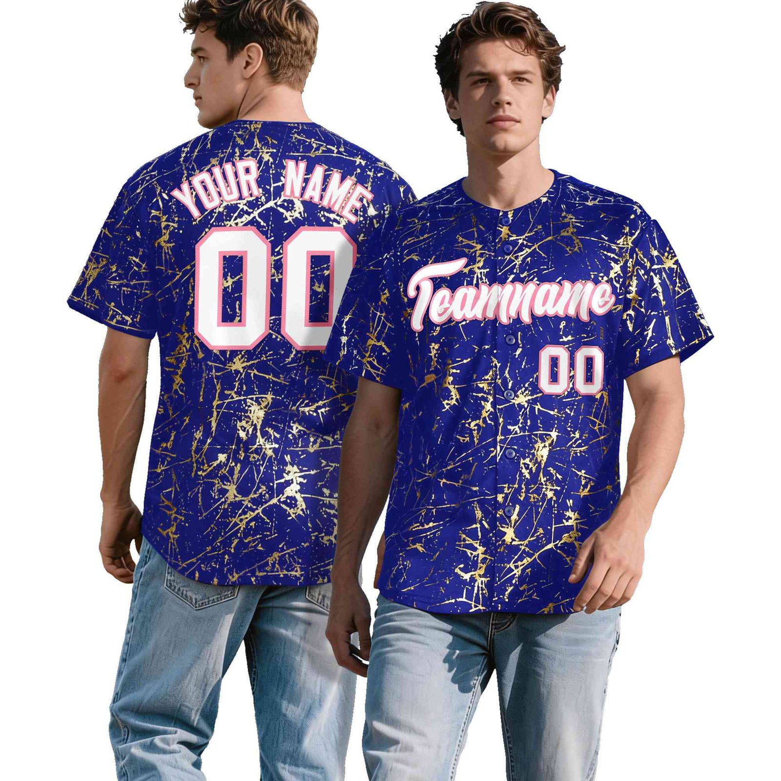 Custom Royal White Black&Shiny Gold Cracked Foil Breathable Mesh Streetwear Baseball Jersey