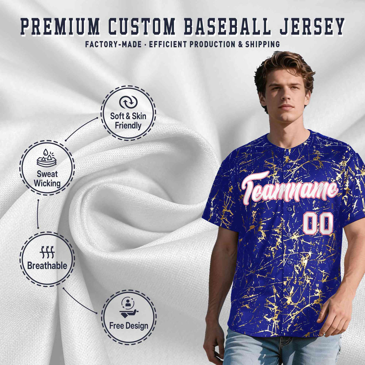 Custom Royal White Black&amp;Shiny Gold Cracked Foil Breathable Mesh Streetwear Baseball Jersey