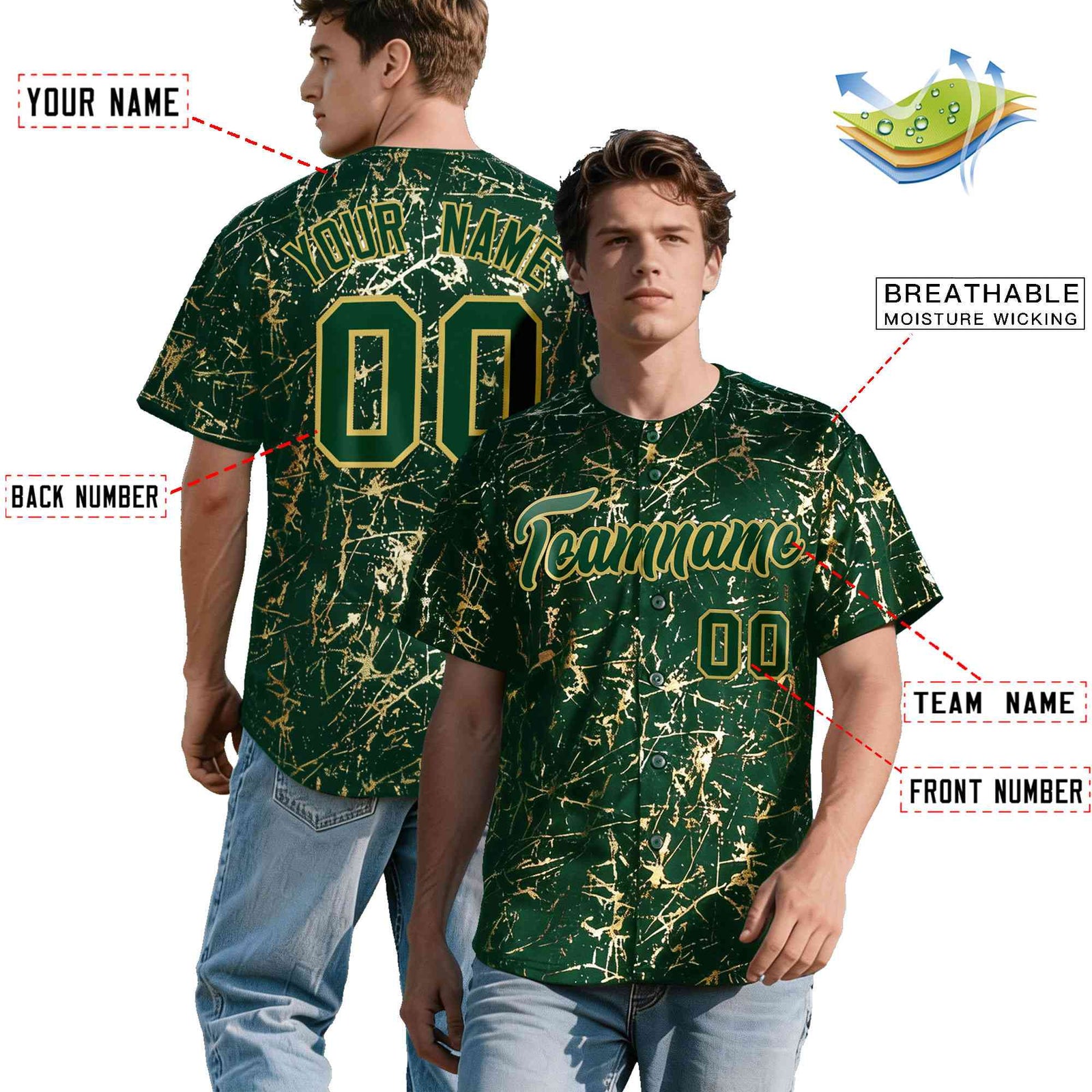 Custom Green Old Gold Shiny Gold Cracked Texture Baseball Jersey