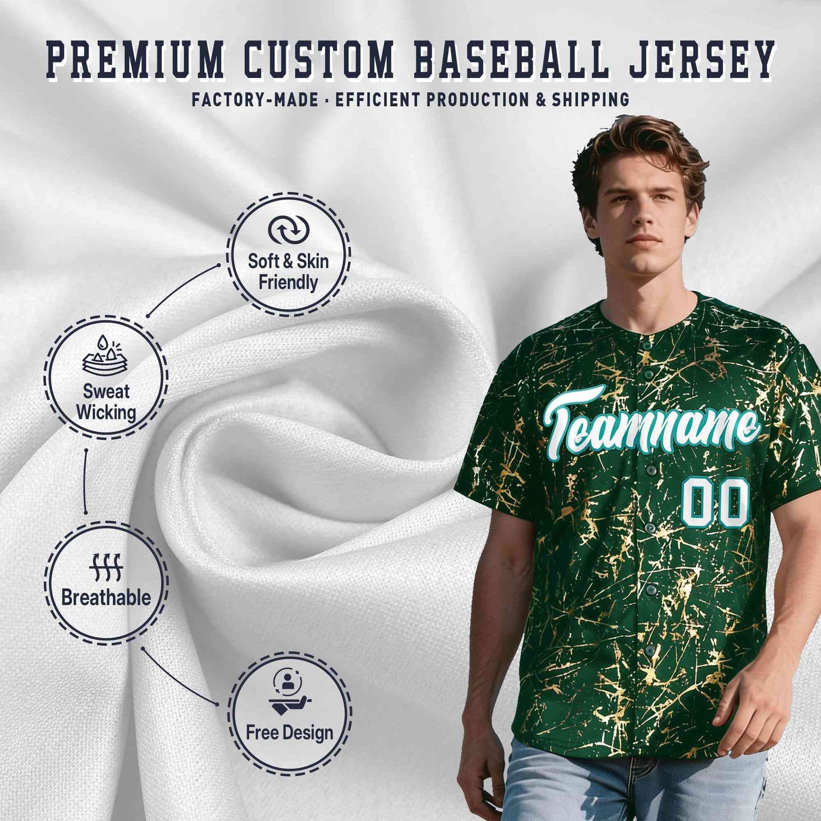 Custom Green White Black&Shiny Gold Cracked Foil Breathable Mesh Streetwear Baseball Jersey