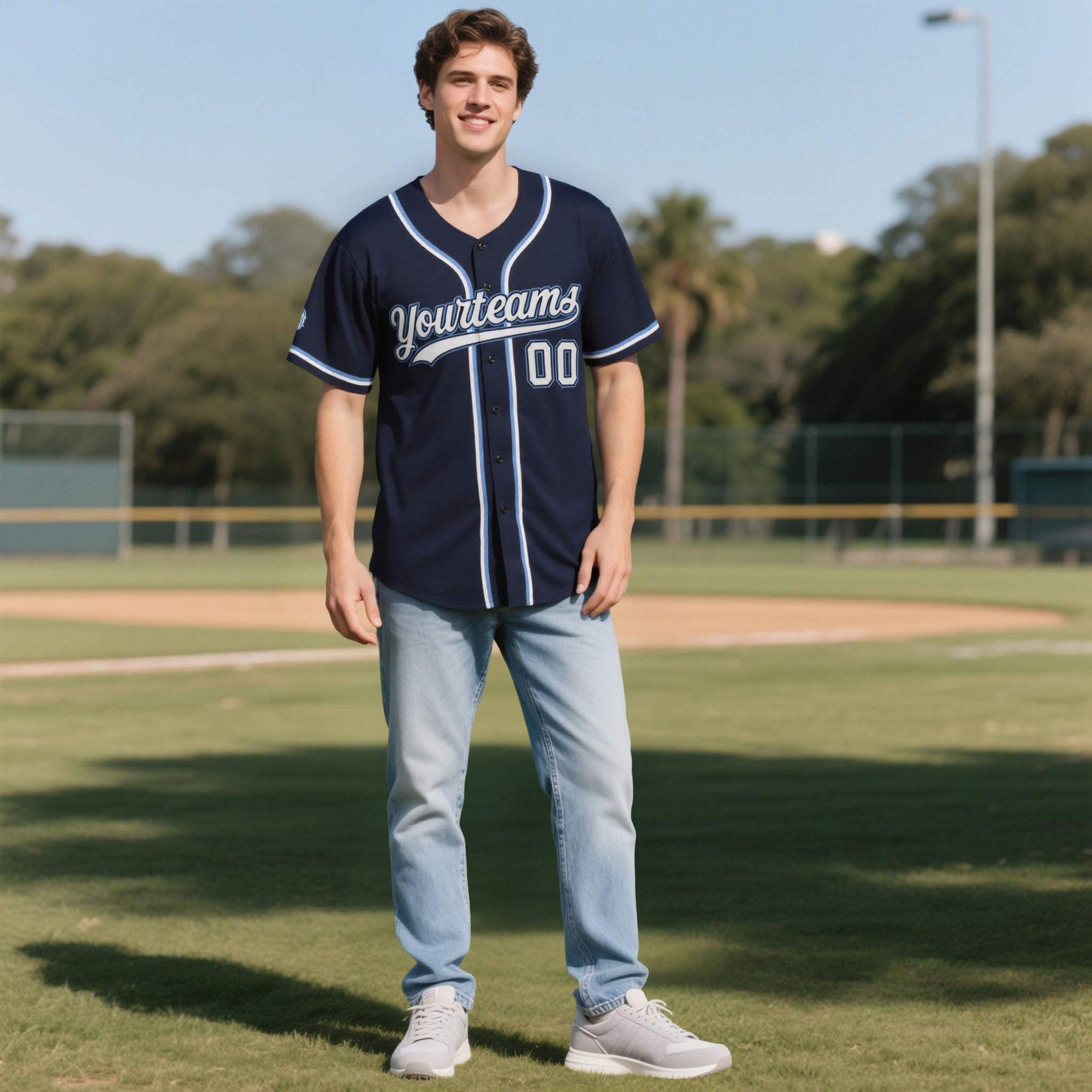 Custom Navy Personalized Denim Baseball Jersey For Men Women Boy