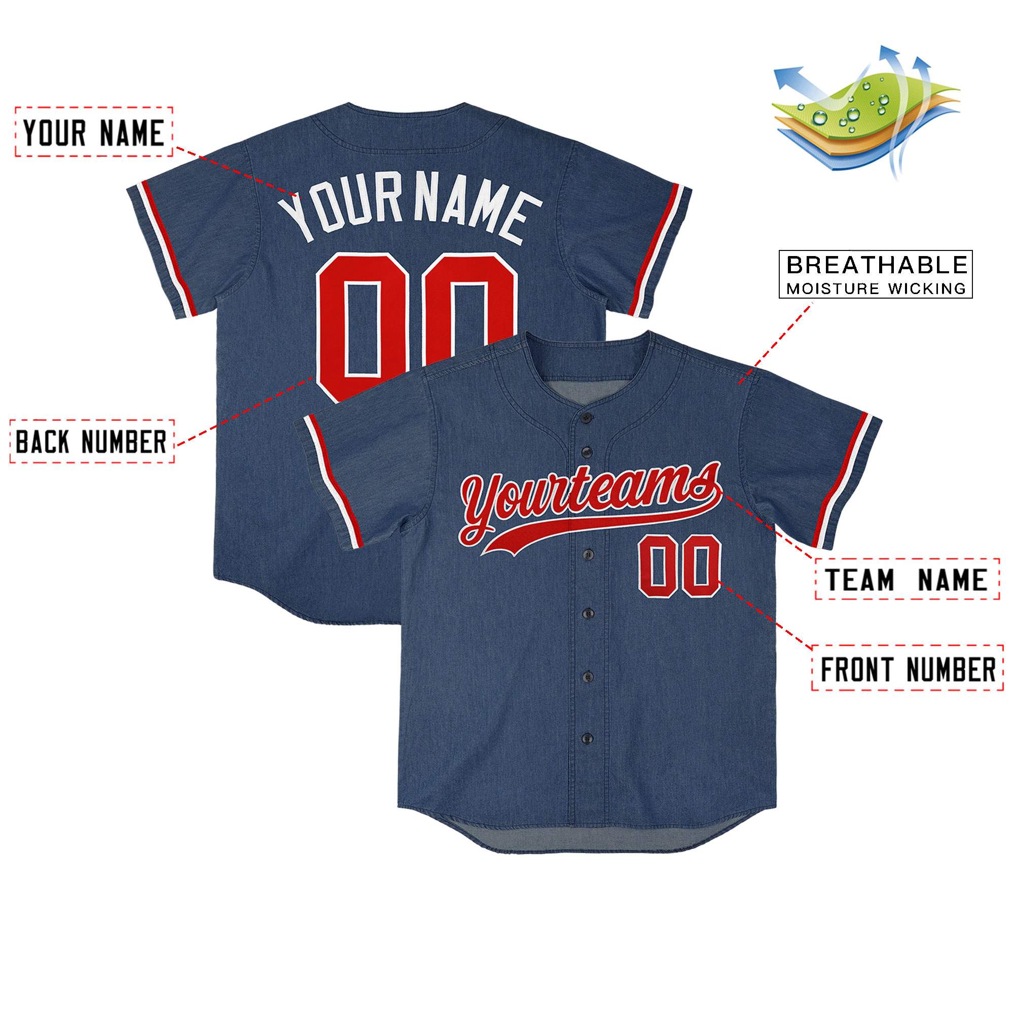 Custom Midnight Blue Personalized Denim Baseball Jersey For Men Women Boy