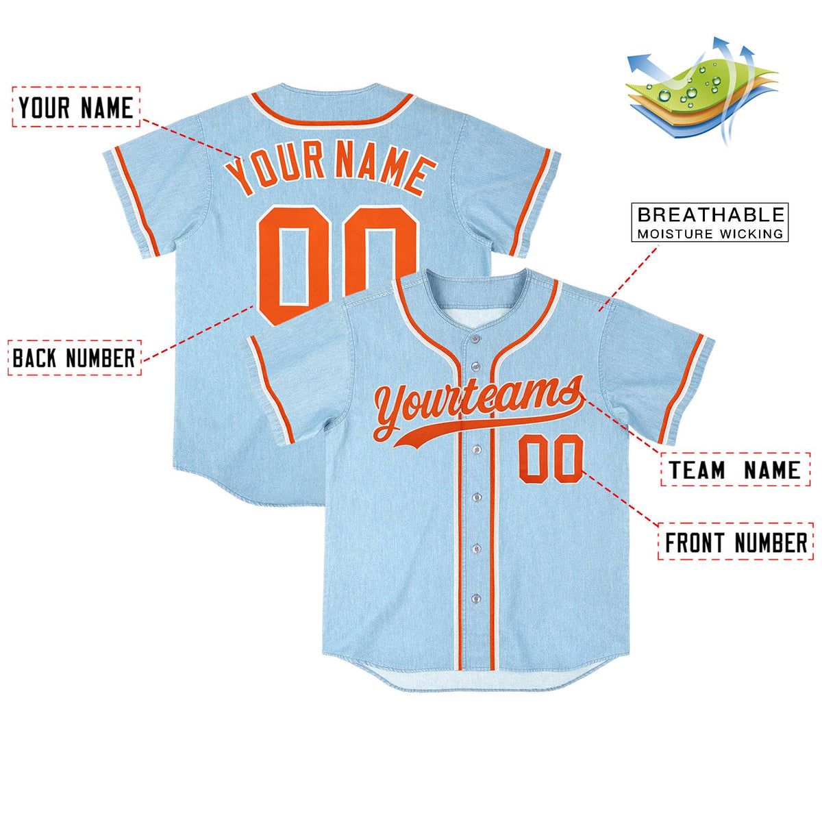 Custom Powder Blue Personalized Denim Baseball Jersey For Men Women Boy