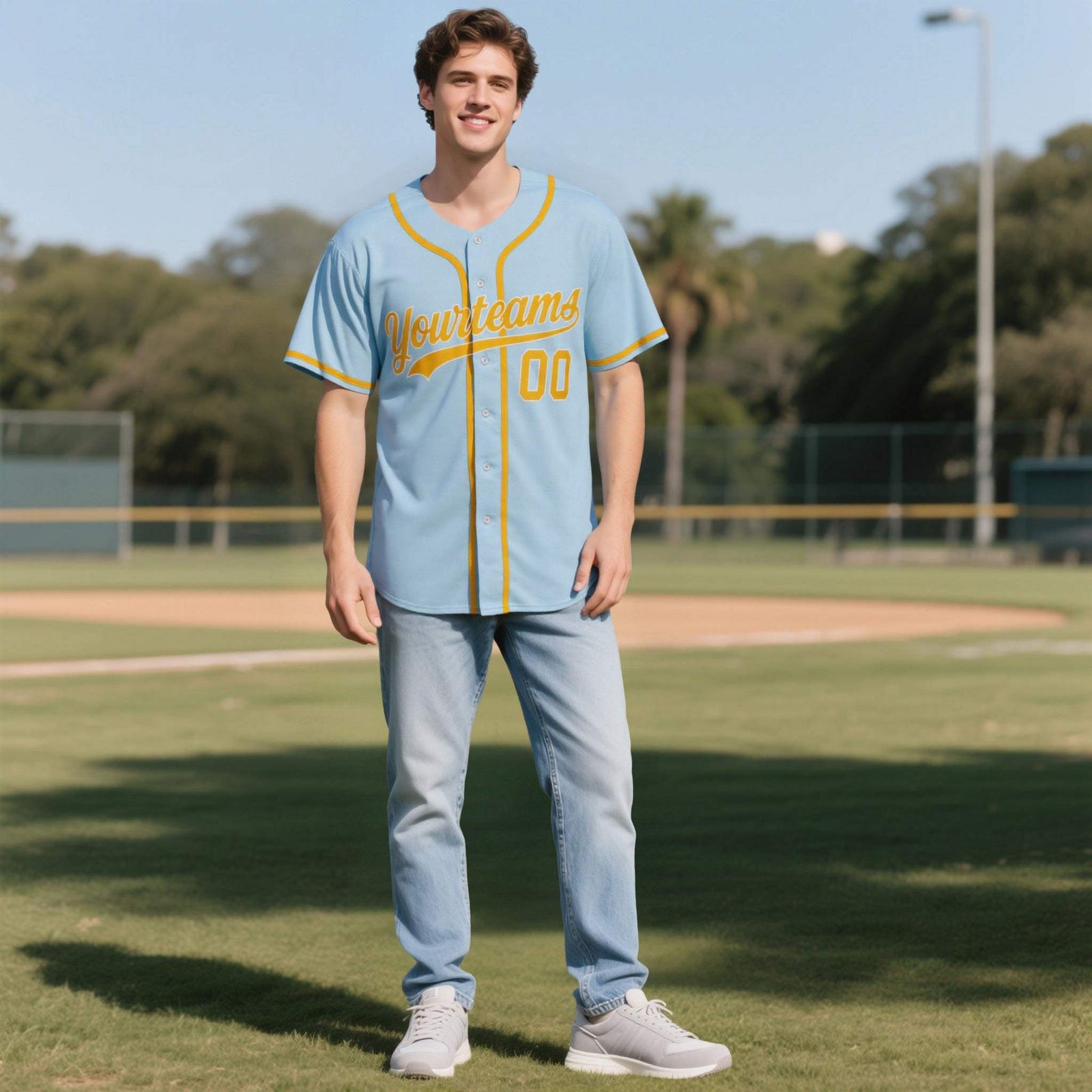 Custom Powder Blue Personalized Denim Baseball Jersey For Men Women Boy