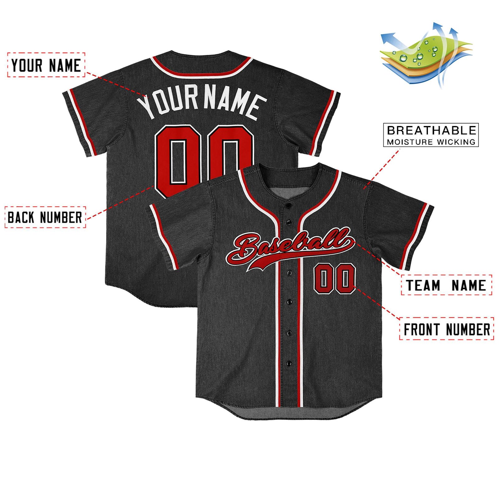 Custom Black Personalized Denim Baseball Jersey For Men Women Boy