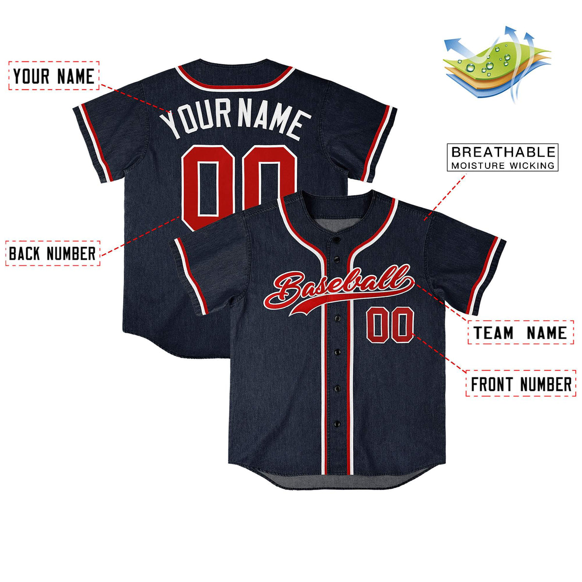Custom Navy Personalized Denim Baseball Jersey For Men Women Boy