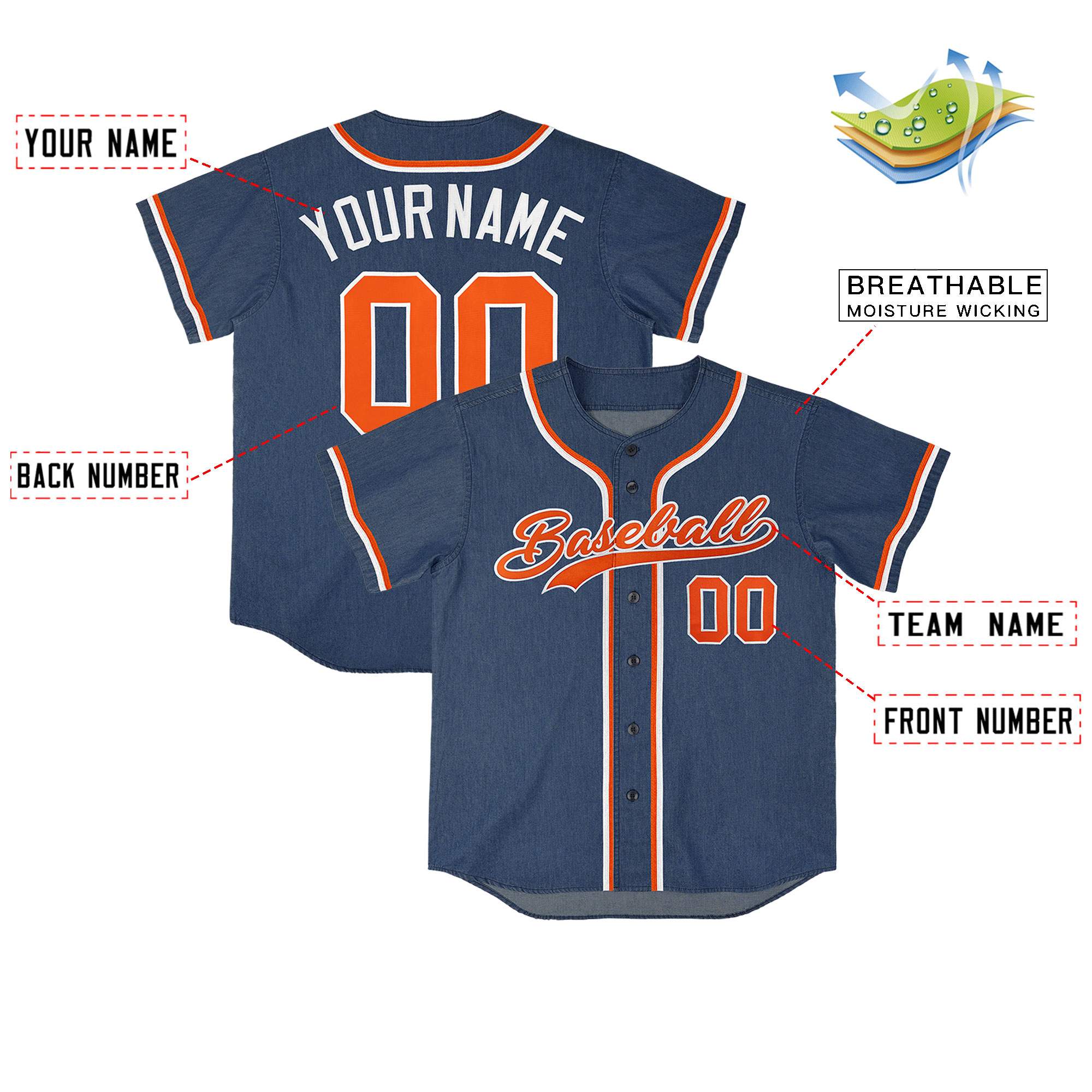 Custom Midnight Blue Personalized Denim Baseball Jersey For Men Women Boy