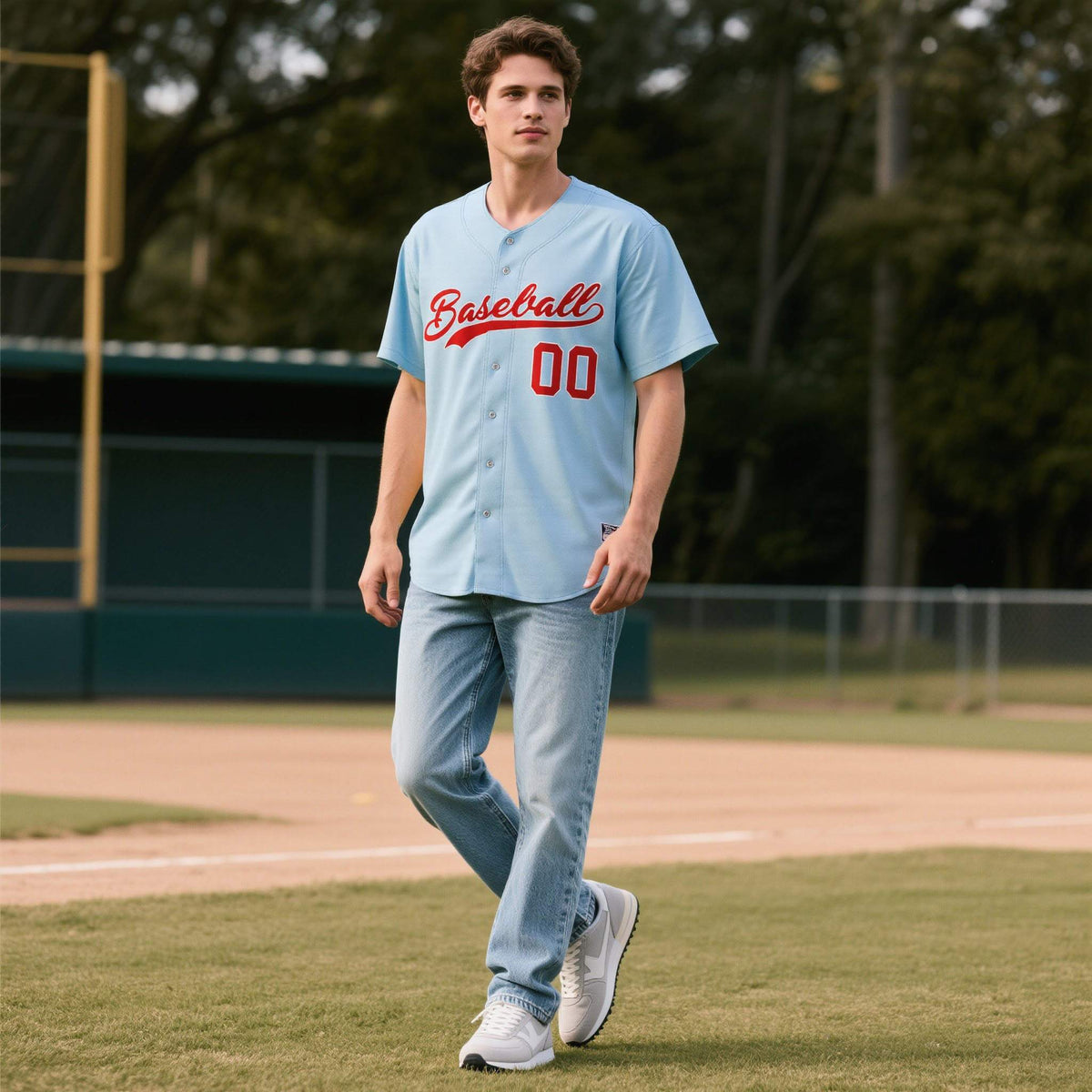 Custom Powder Blue Personalized Denim Baseball Jersey For Men Women Boy