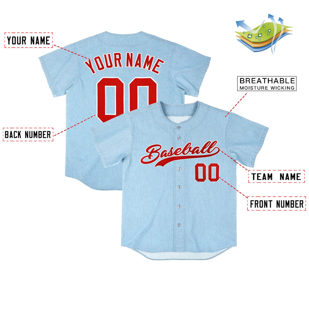 Custom Powder Blue Personalized Denim Baseball Jersey For Men Women Boy