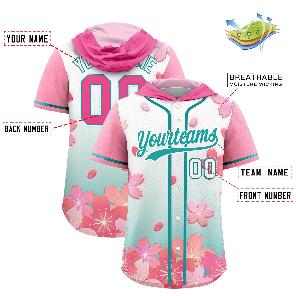 Custom Hooded Baseball Jersey | Pink Aqua Cherry Blossom Personalized Name &amp; Number Sport Jersey